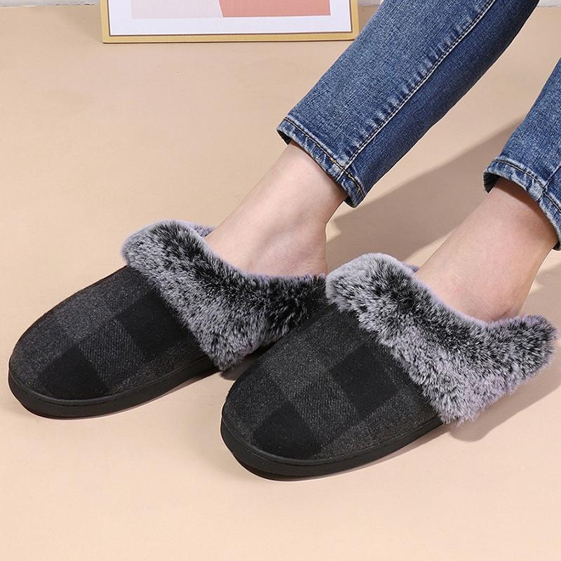 Fashion Retro Plaid Plush Slippers for Women Soft Faux Fur House Cotton Slippers Woman Winter Slip On Non Slip Furry Slides Female