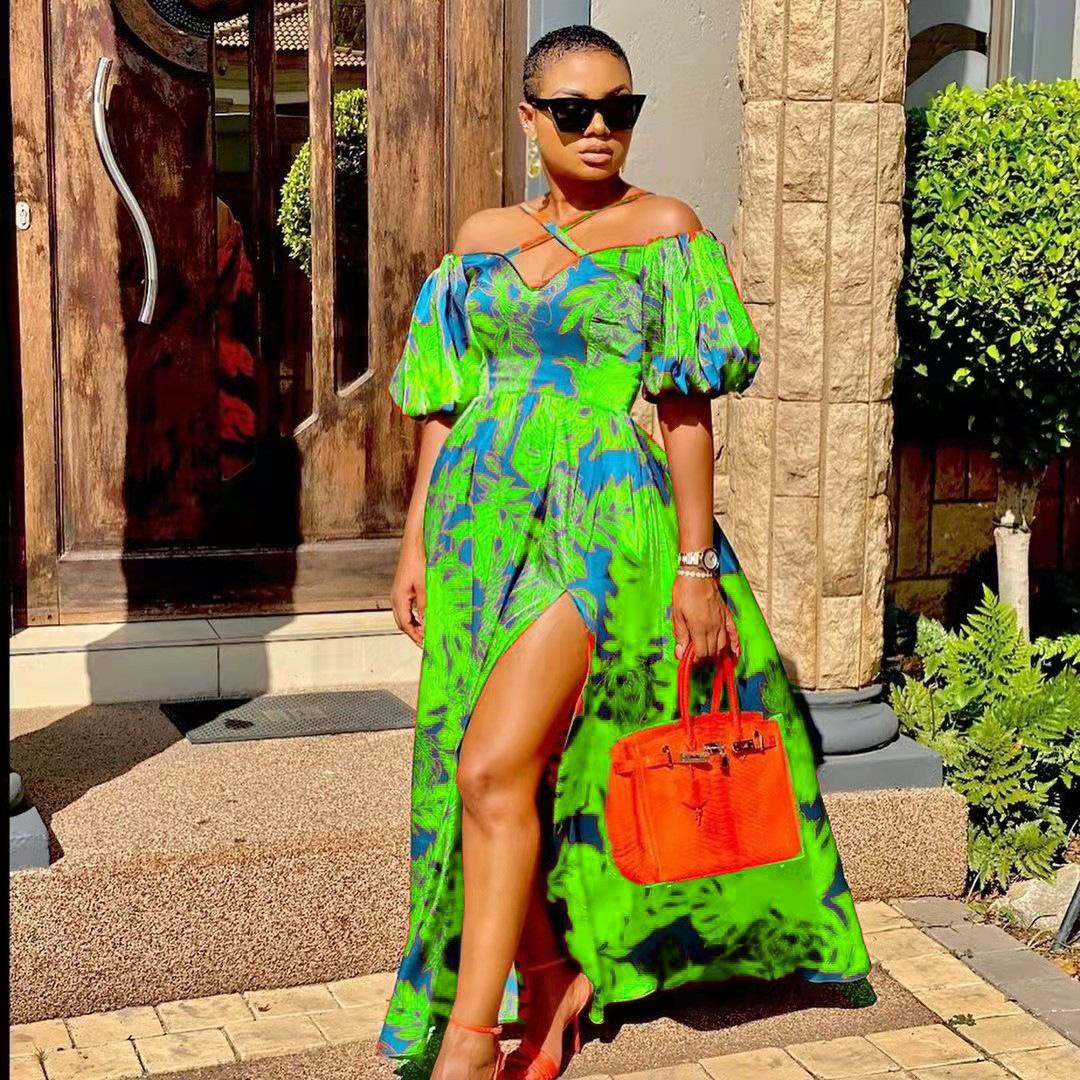 

New Spring And Summer European And American Women S Clothing Dress Printed Open-Ended Tube Top Hanging Neck V-Neck Dress XXXL зелений