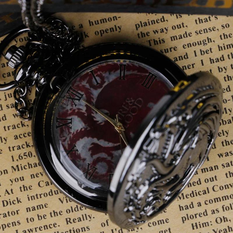 10pcs/lot Wholesale Black Vintage Quartz Pocket Watch Dragon Engraved Flip Roman Dial Students Gift Men Women Necklace Clock