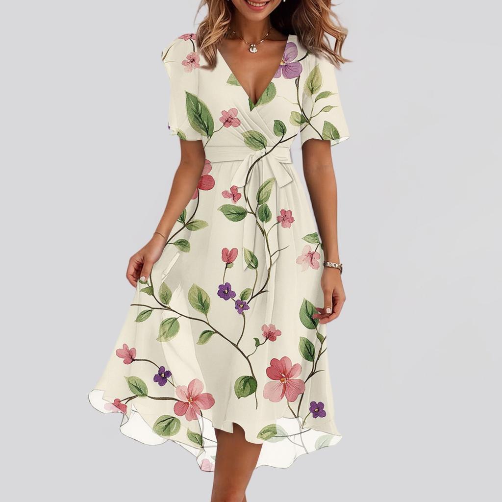 Damenmode Lässig V-Ausschnitt Kurzarm Rüschen Vintage Bedruckte Kleider