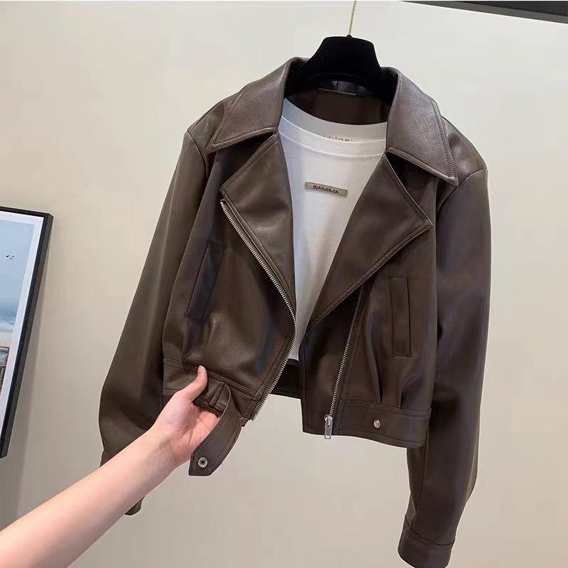 2025 Autumn Women's Petite Slimming Leather Jacket with Versatile Lapel Design