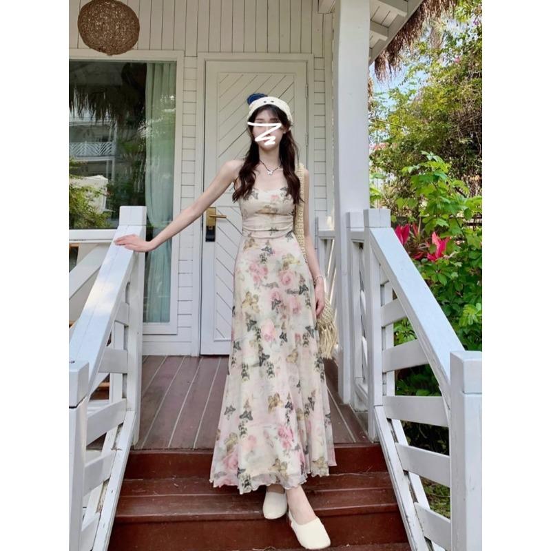 French Vintage Floral Sling Dress Summer Tight Waist Women's Seaside Holiday Beach Long Dress