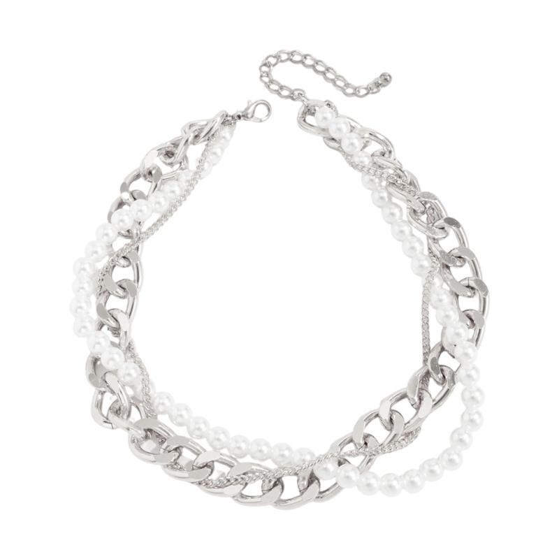 Double Layer Geometric Designs Collar Necklace with Imitation Pearls for Women Trendy Neckchain Fashion Jewelry
