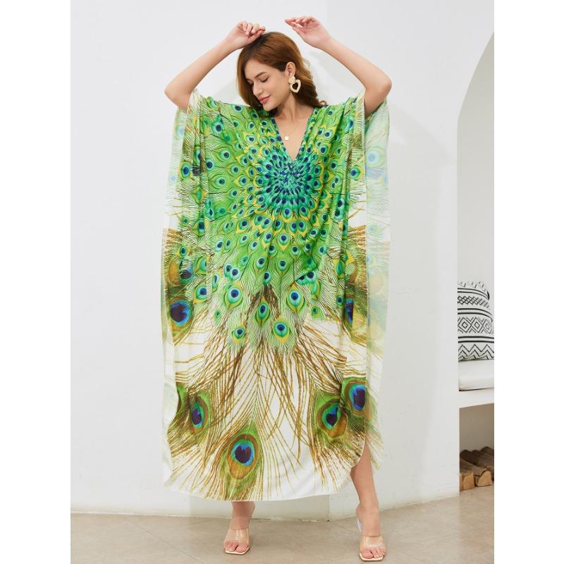 Women's Fashion Summer Spring Feather Print 3/4 Sleeves V-Neck Loose Waistline Casual Dresses