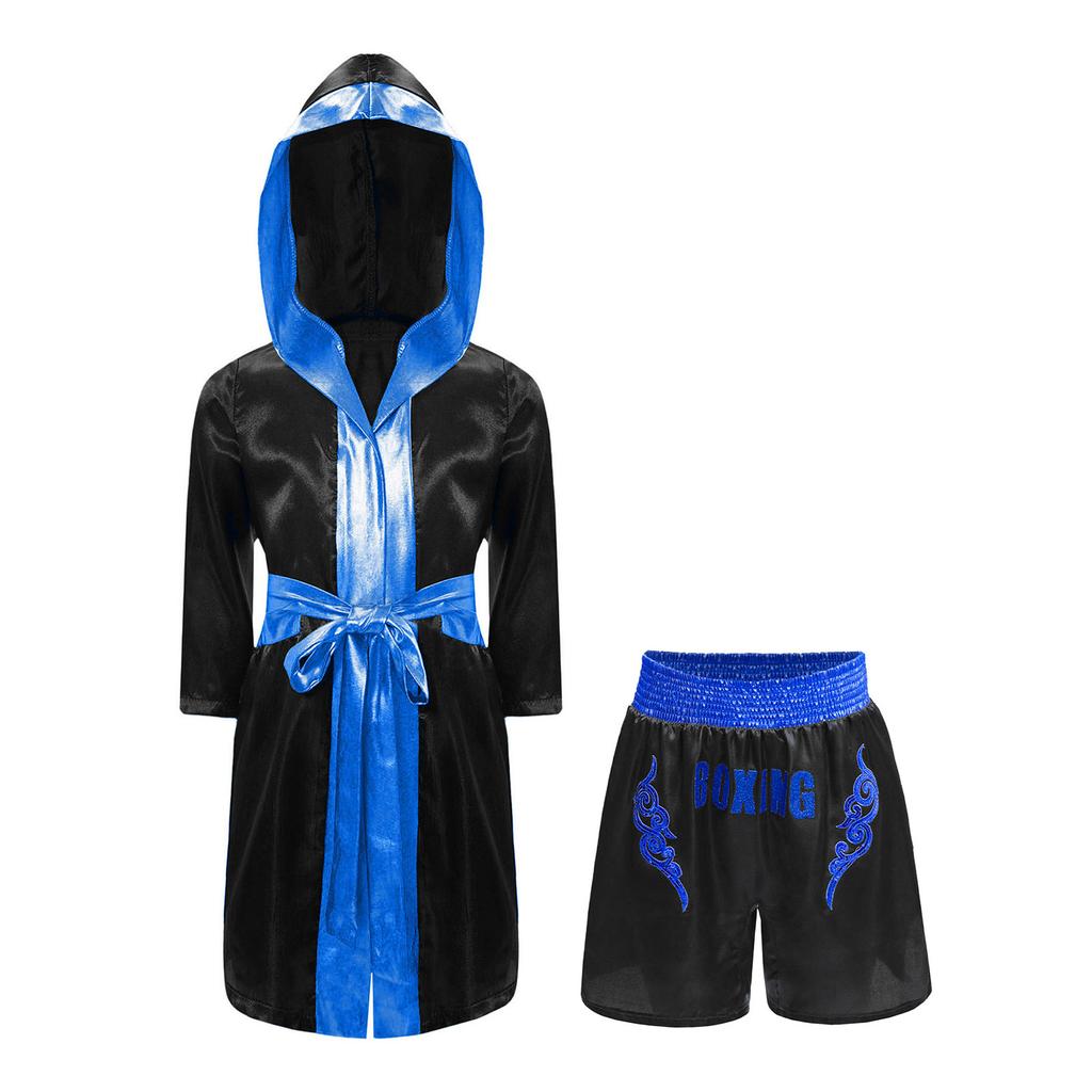 Conjunto de Fantasia de Boxe Infantil Robe de Cetim com Capuz e Cinto & Shorts de Paetês Acabamento Metálico Estampa de Letras