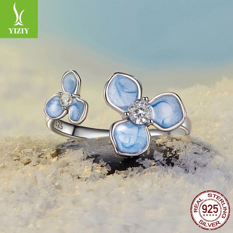 Blue Flower Opening Ring S925 Sterling Silver Flower Jewelry Ring For Women, Adjustable, Simple And Fashionable