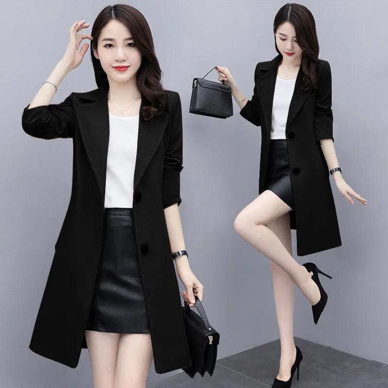 Spring Women's Khaki Lapel Double Breasted Midi Trench Coat
