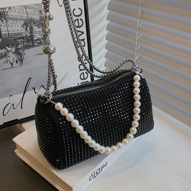 Popular Bright Diamond Small Bag Women's New Niche Chain Messenger Bag Pearl Portable Pillow Bag