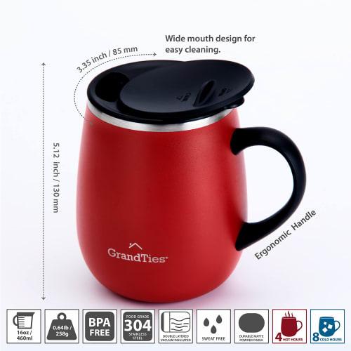 GRANDTIES Premium Vacuum Insulated Mug, 460ml - Easy-Open Slide Lid & Available in 19 Colors, Stainless Steel, Double-Wall Vacuum Insulation, Keeps Dr