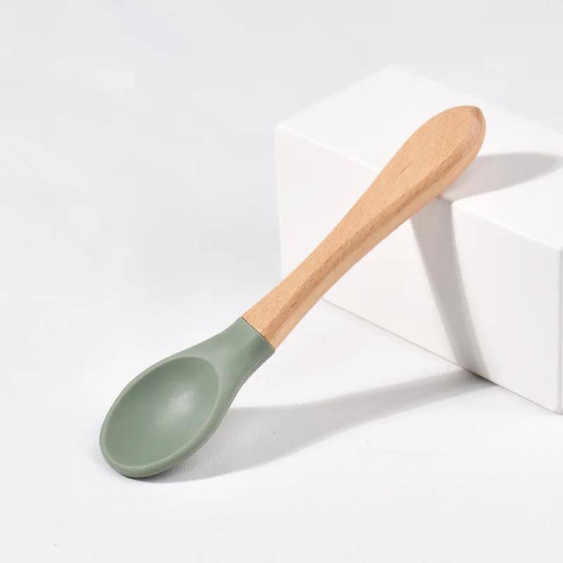Spoons Baby Feeding Spoon Fork Wooden Handle Spoon Fork Set Soft Silicone Tip Spoon Fork BPA Free Food Grade Infant Toddlers