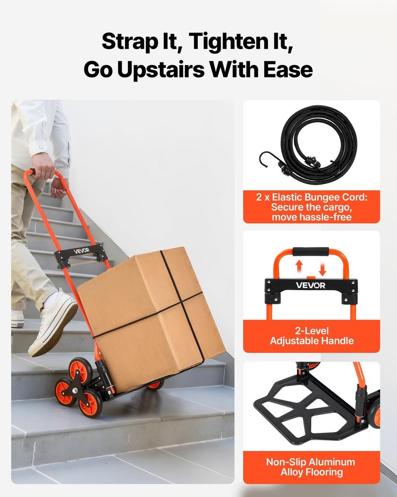 Stair Climbing Cart, 54 Kg Stair-Climbing Capacity, Portable Folding Trolley Cart with Telescoping Handle, 6 Wheels and 2 Bungee Cords, Stair Climber