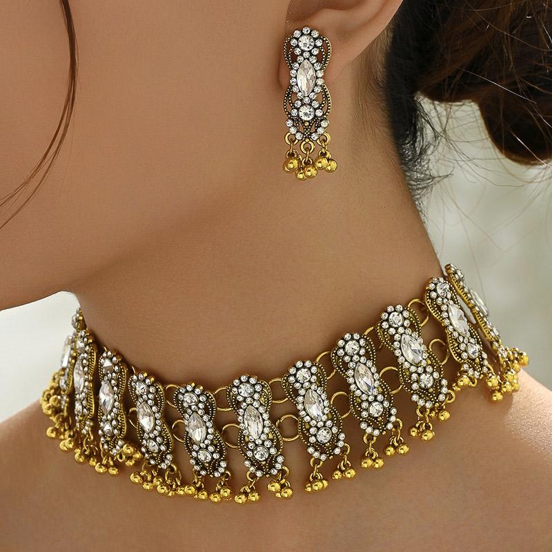 Vintage Ethnic Inlaid Colorful Crystal Stone Daily Outfits Party Accessories Statement Necklace Earrings Jewelry Gift