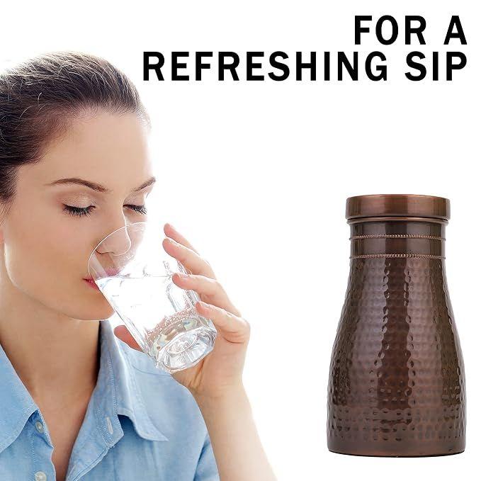 Copper Bedroom Jar with Inbuilt Glass | Rarity Hammered Design | Handcrafted, Leakproof, Jointless | Ayurvedic Benefits, Antioxidant Properties |