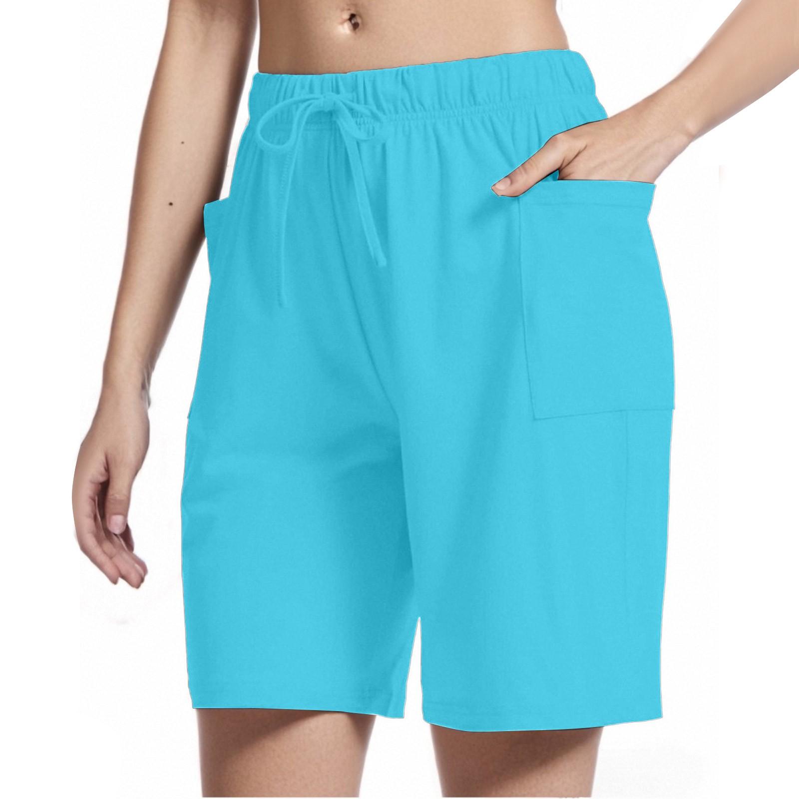 

Женские шорты-бермуды с высокой талией, эластичная ткань, широкие повседневные с карманами для йоги XL небесно-голубой