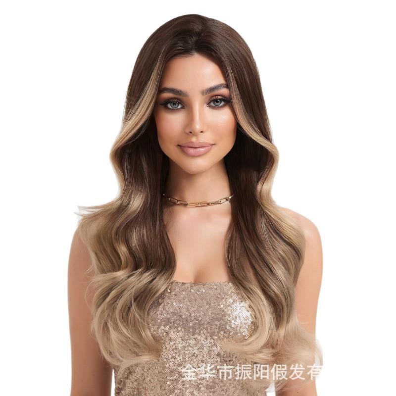 Long Wavy Heat-Resistant Synthetic Wig With Golden Brown Ombre Highlights Middle Part Voluminous Full Cap Women