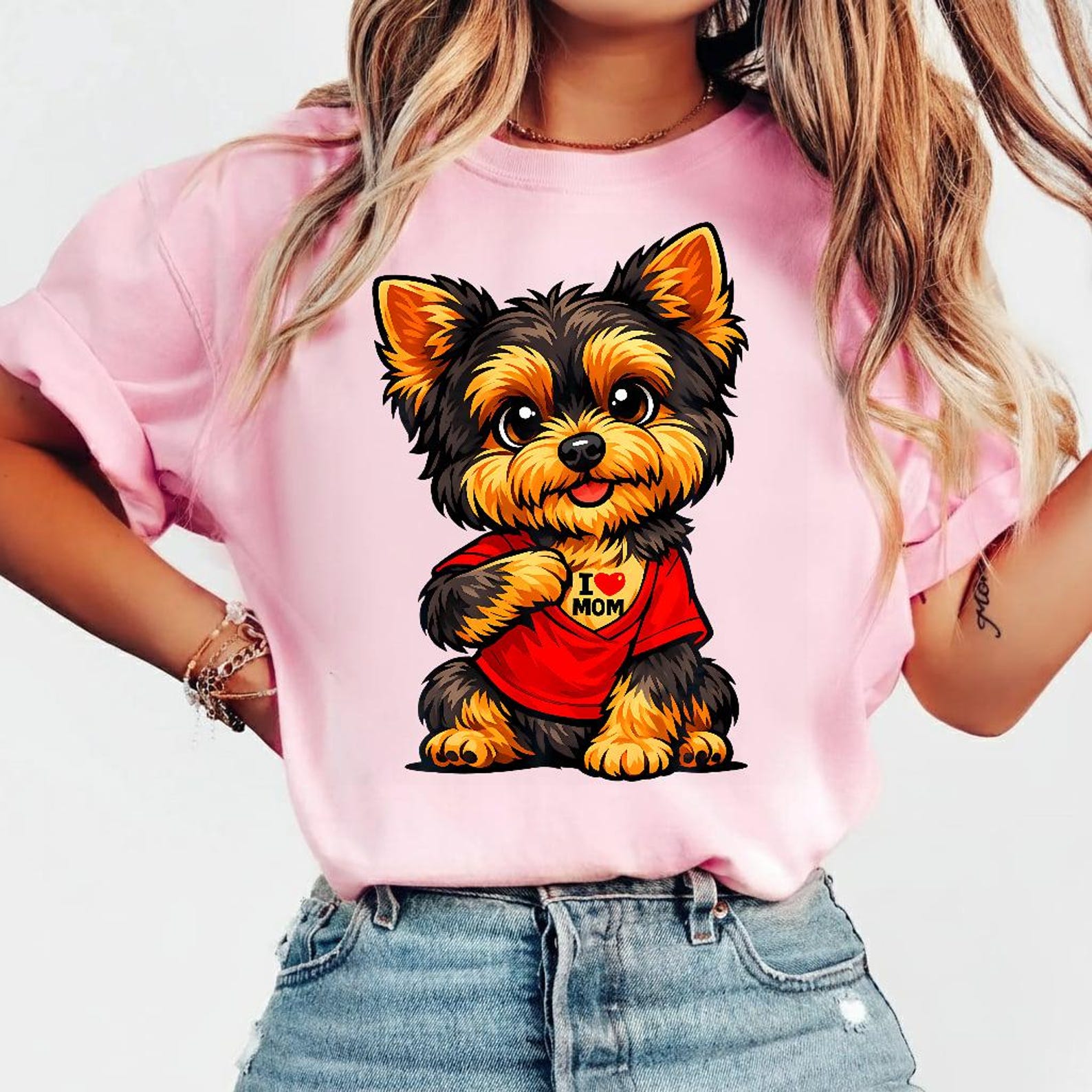 Yorkie I Love Mom Shirt, Cute Yorkshire Terrier Tattoo Tee, Yorkie Mom Gift, Funny Dog Lover T-shirt, Floral Yorkie Mama Top, Puppy Mom Gift XL