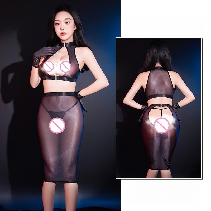 Damen Sexy Dessous Transparent Hohlbrust Verführerische Uniform Hohe Elastizität Ultra-Dünn Seidig Öl Glänzend Glänzend Bodycon Kleider