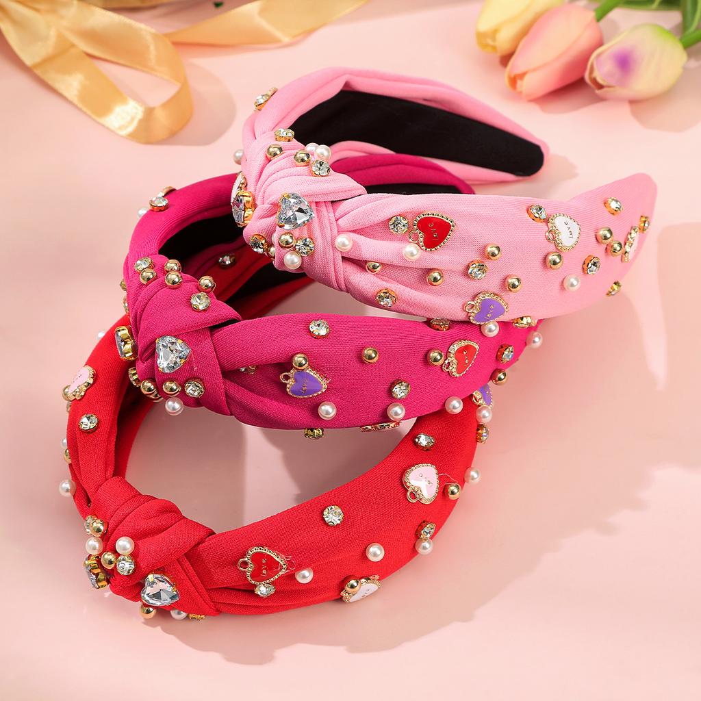 AWAYTR New Love Heart Bowknot Hairband for Women Cute Pearl Red Wide Diamond Headband Hair Hoop Hair Accessories Valentine's Day