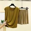 Ladies' Casual And Comfortable Round Neck Solid Color Top With Checkered Printed Shorts Plus Size Set