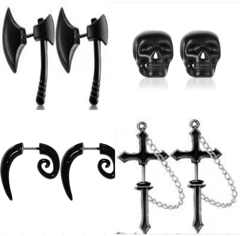 Black Axe Skull and Cow Horn Sword Earrings for Men and Women
