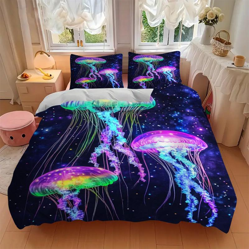 3pcs Colorful Jellyfish Bedding Set - Includes One Quilt Cover and Two Pillowcases (No Core) - Perfect for Bedroom and Guest Room Decoration