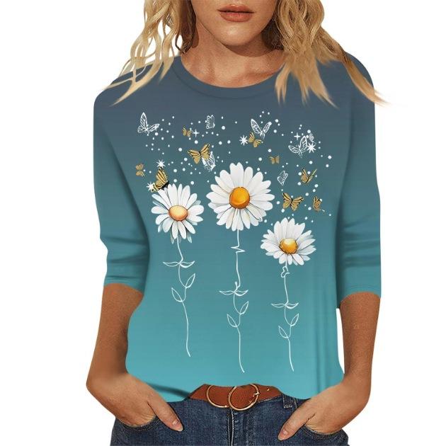 2026 Spring/Summer New Women's Fashion Printed Three-Quarter Sleeve Loose Round Neck Casual T-Shirt Top