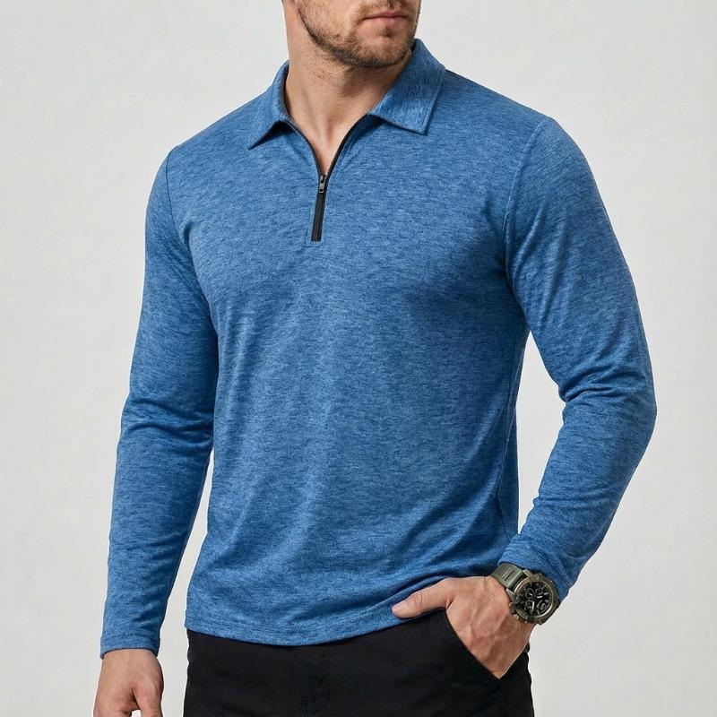 Men Turn Down Collar Half Zip Long Sleeve Polo Shirt Slim Fit Solid Casual Business Tops