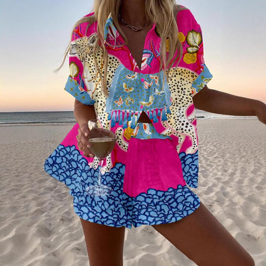 Linglong hemp European and American personality bright digital printing new casual summer top women's suit two-piece set