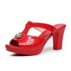 8cm Big Size 32-43 Decent Open Head Bright Leather Slides Pearl Carve Shoes Summer 2025 Block High Heels Slippers Office Model