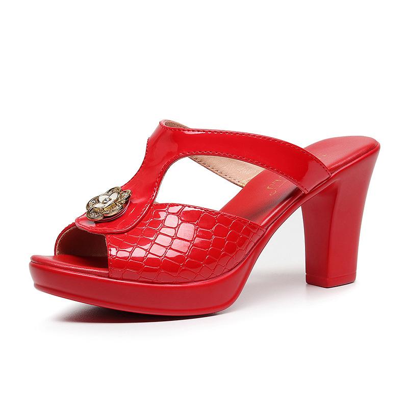 8cm Big Size 32-43 Decent Open Head Bright Leather Slides Pearl Carve Shoes Summer 2025 Block High Heels Slippers Office Model