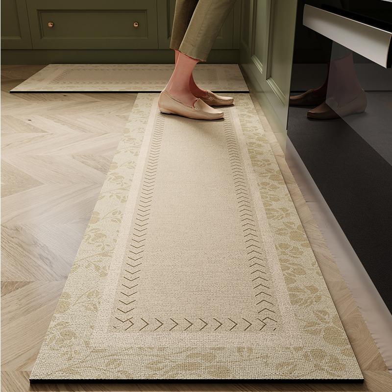Kitchen Floor Mat Anti-Slip Oil-Proof Erasable Carpet Leather Pvc Waterproof Rug Beige Pattern Texture Home Decor Mats