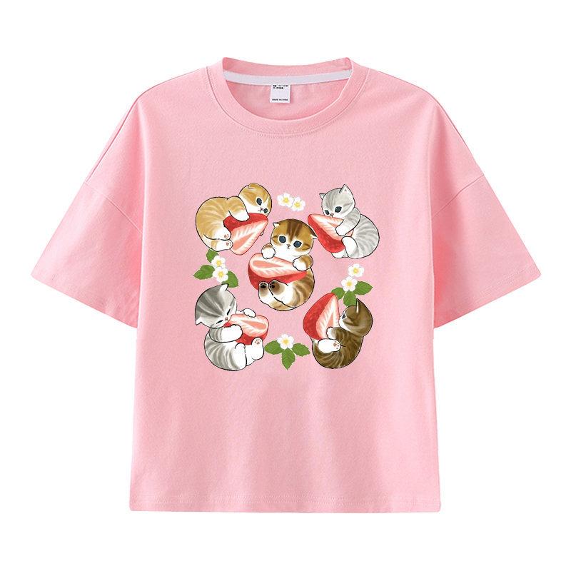 New Summer Catprinted Shortsleeved Tshirt A Cute and Trendy Outfit Featuring A Cartoon Shark Cat Kids Clothes Boys  Girl