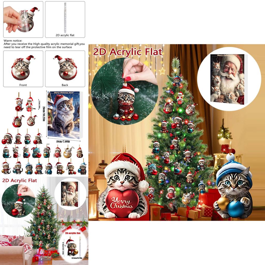 Christmas Cat Themed Acrylic Advent Calendar With Hanging Ornaments For Holiday Decor And Gift Giving