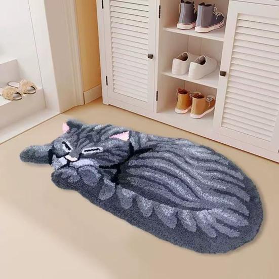 Plush Cat Rug Cute Cartoon Kitten Floor Mat Anti-Slip Soft Bedside Rug for Bedroom Living Room Playroom Kids Room Decor