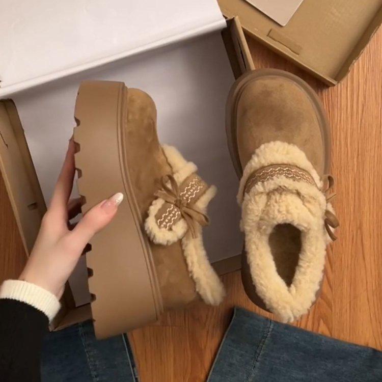 Retro Thick-soled Heightening All-inclusive Birkenstock Snow Cotton Shoes Winter New Cute Bow Fluffy Shoes