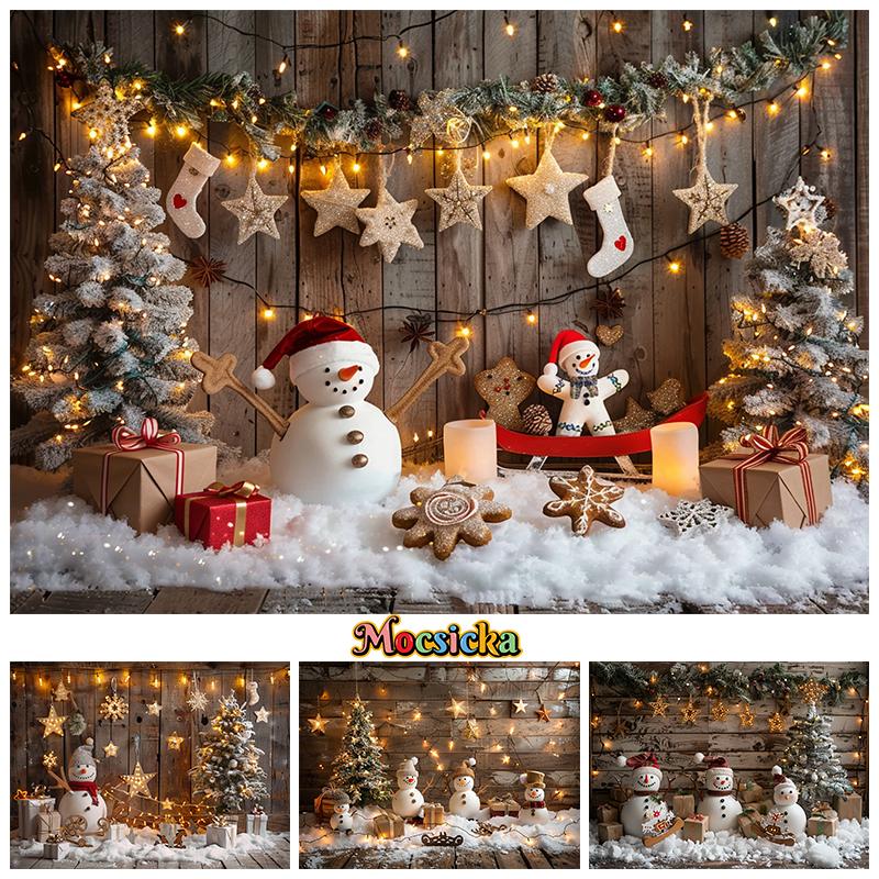 Christmas Background Photography Gifts Snowman Wood Wall Tree Big Backdrop Baby Shooting Props Party Decoration Studio