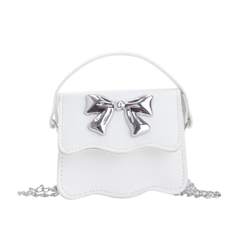 Cute Color Solid Silver Bow Decoration Kid Mini Shoulder Chain Bag Daily For