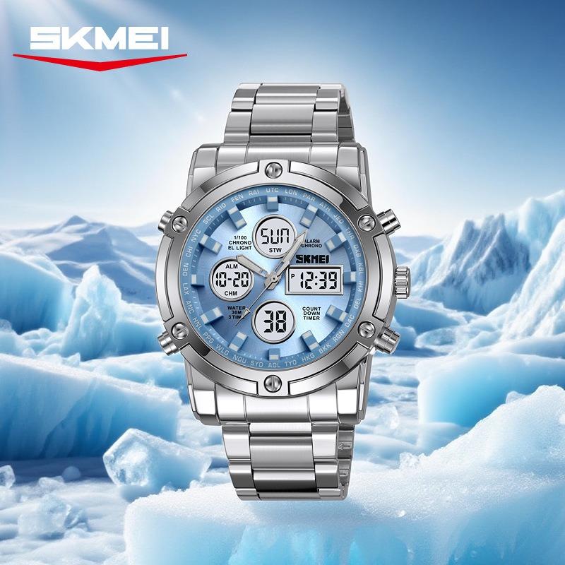 Dual Display Electronic Watch, Multi-function Steel Strap, Large Dial, Three-time Men's Waterproof Watch