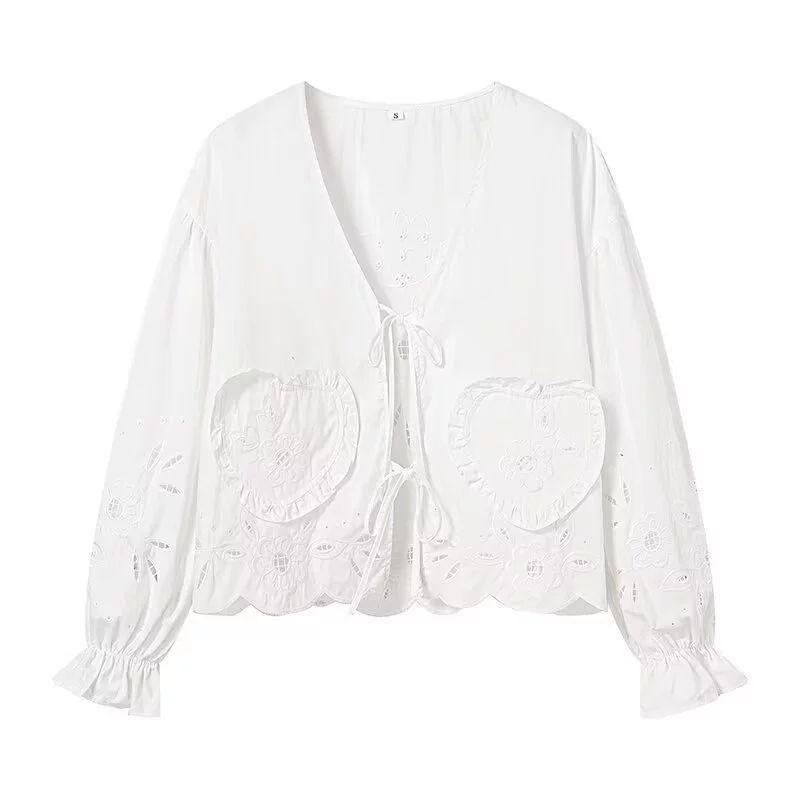 

Women s Heart-Shaped Pocket Long Sleeve Shirt Love Pocket Shirts Women White L