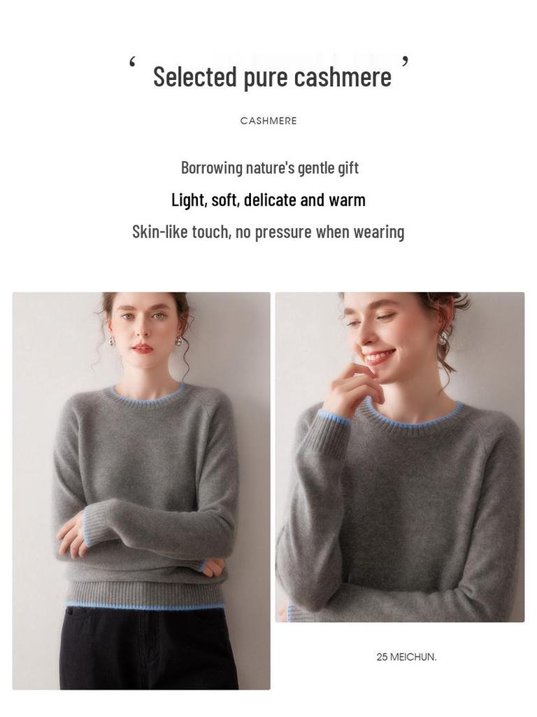 Women's 2025 Autumn/Winter Colorblock Crew Neck 100% Pure Cashmere Raglan Sleeve Thick Knit Sweater