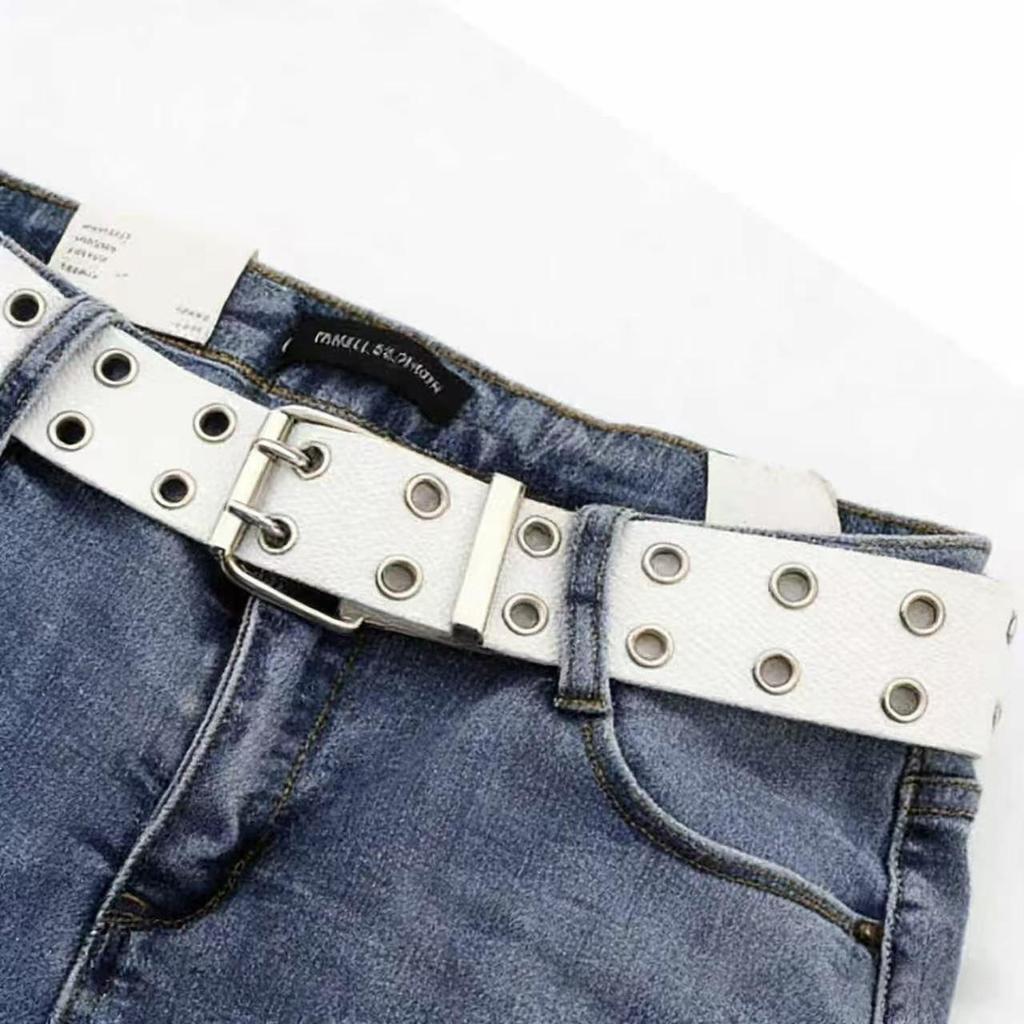 Trendy Double-Breasted Canvas & Rivet Belt - Casual Hollowed-Out Denim Belt with Leather Accents