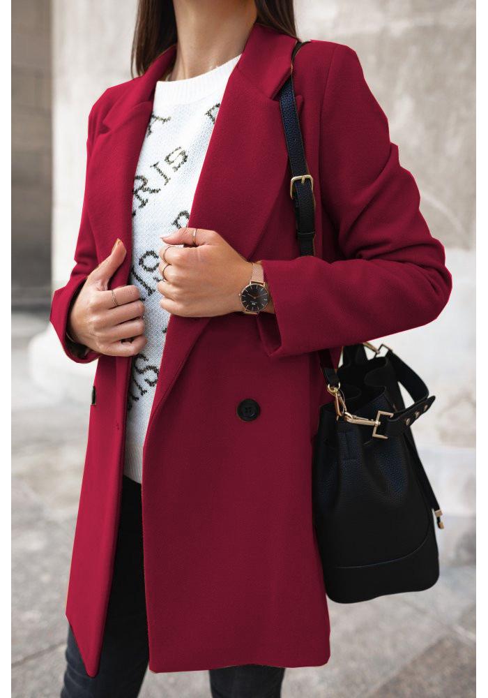 Women's Solid Color Double-Breasted Lapel Woolen Coat for Autumn/Winter 2025