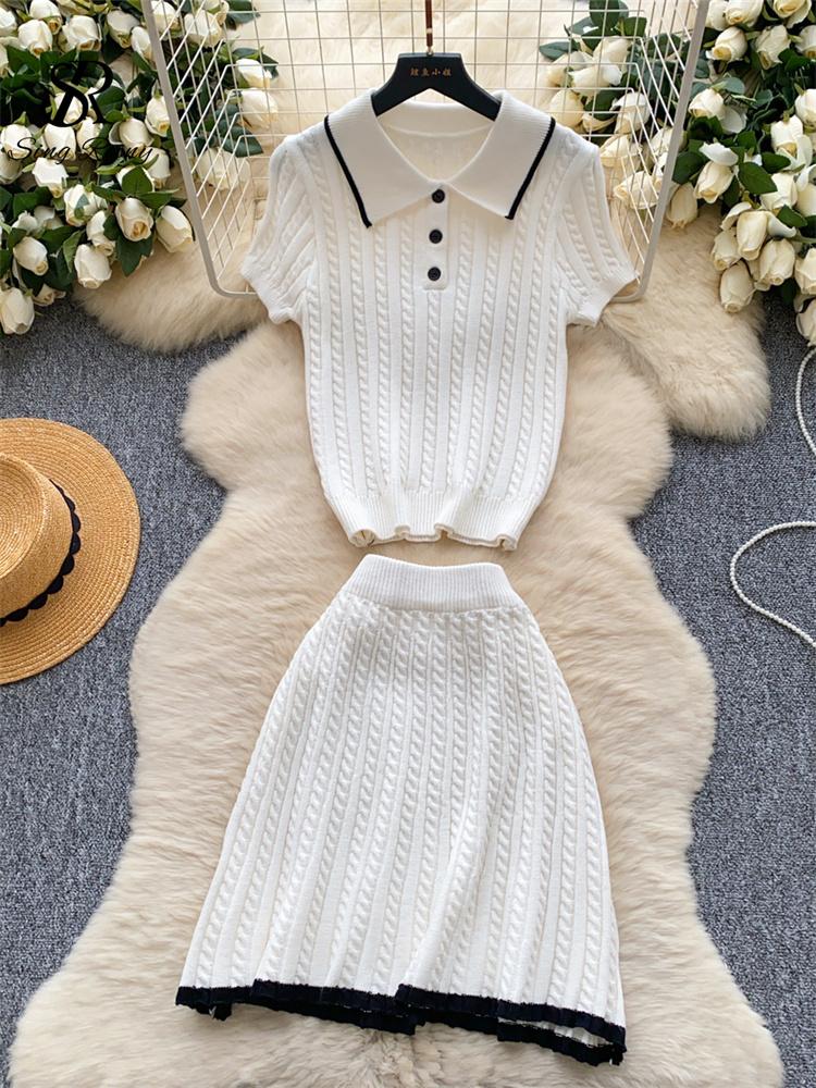 Fashion Knitted 2pc Two Pieces Suits Skinny Short Sleeves Polo Shirt+Short Skirt Drilled Women Simple Style Summer Sets