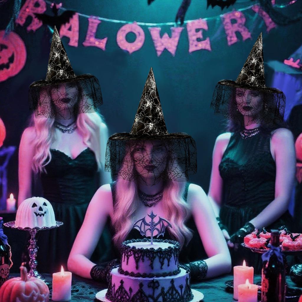 2pcs American Trends Halloween Witch Hat for Women Wizard Hat with mesh Cosplay Costume Accessory for Party