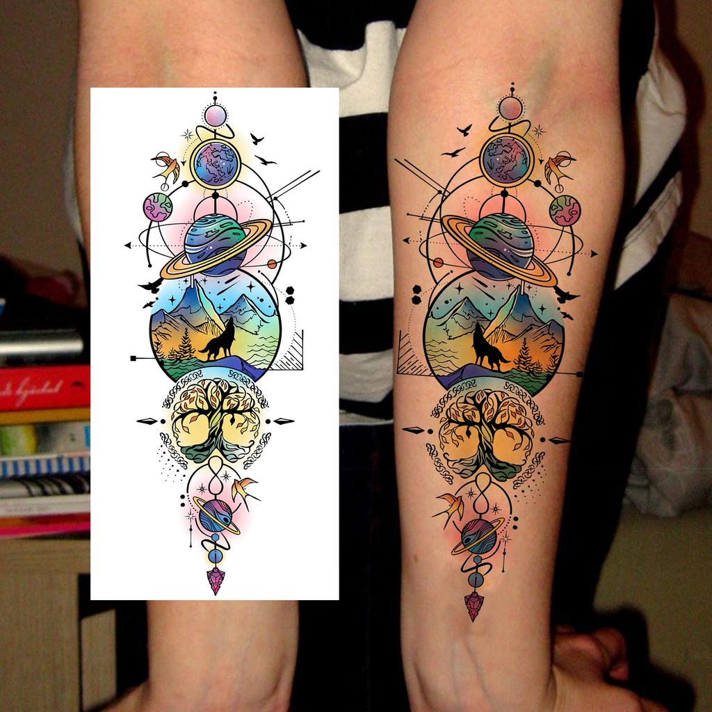 1 Sheet 3D Watercolor Universe Planets Temporary Tattoos For Men Women Long Lasting Waterproof Fake Tattoo Sticker Body Arm Art