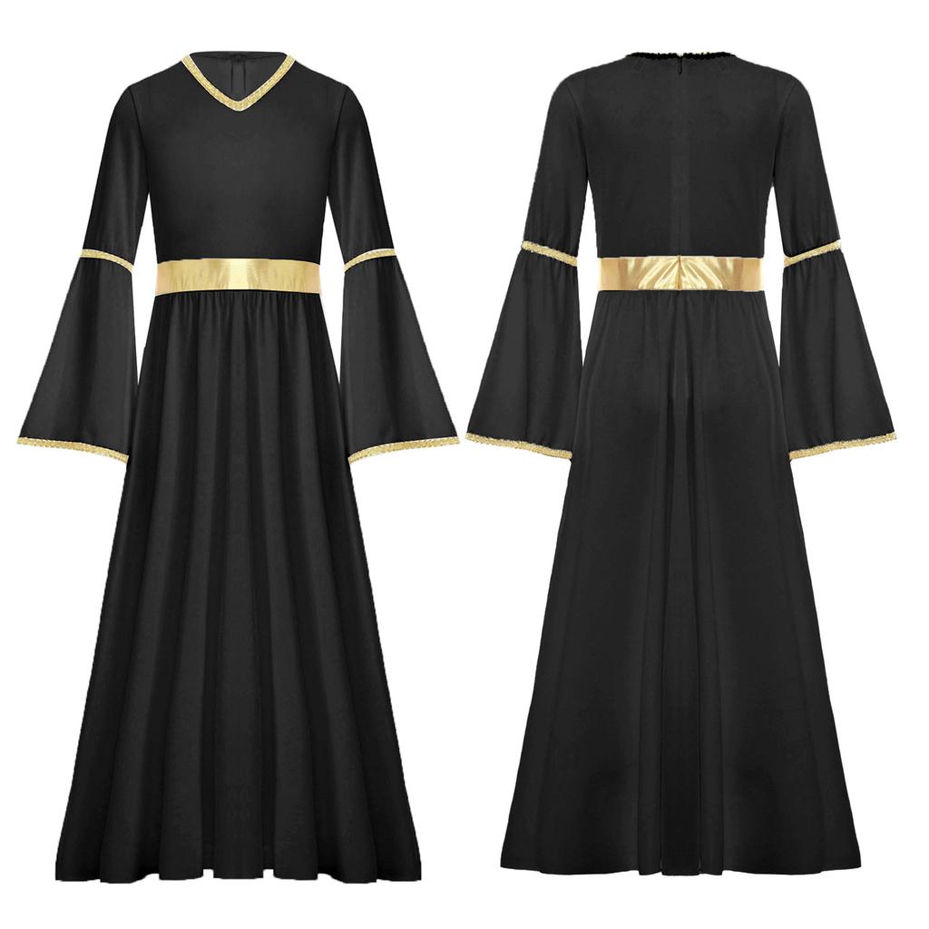 Girls Angel Costume Long Sleeve Gold Trim Patchwork Gown with Feather Accessories for Heavenly Cosplay Performances