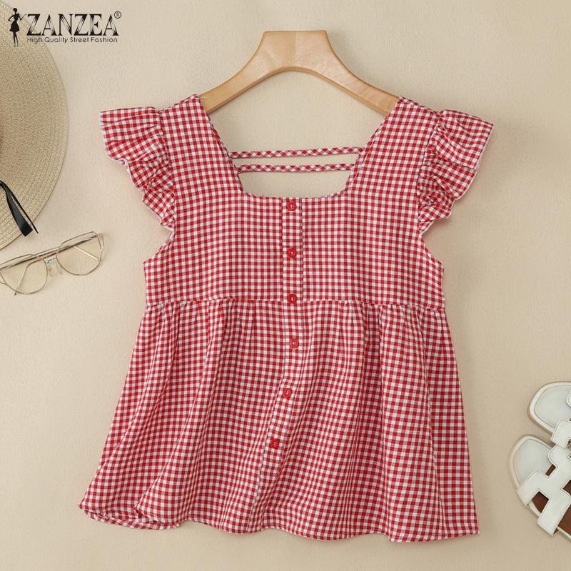 

ZANZEA Women Summer Square Neck Casual Sleeveless Plaid Blouse S красный