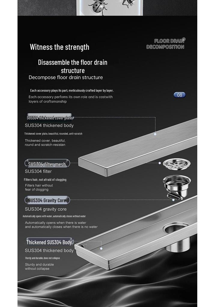 Bright Light 304 Stainless Steel Invisible Floor Drain - Odor-Resistant for Hotel Showers