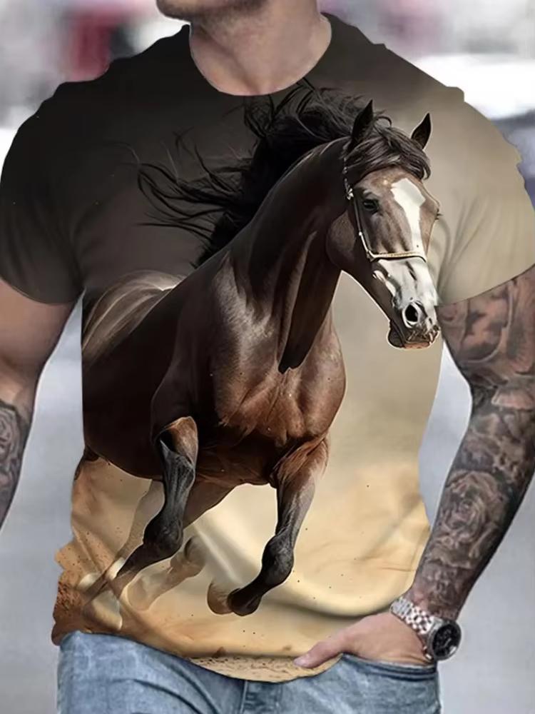 Vintage 3D T-Shirts for Men Horse Print Casual Crew Neck Graphic T-Shirt Tops Street Harajuku Short Sleeve Tee Men Clothing