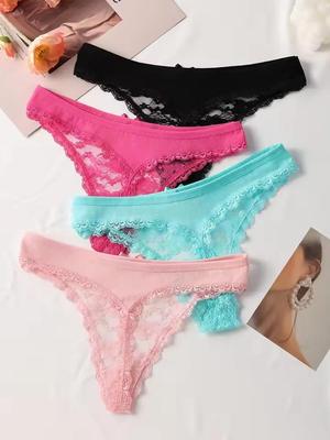 4PCS Sexy Women's Thongs Transparent Women Panties Sexy Lace Underwear Solid Floral G-String Female Underpants Lingerie